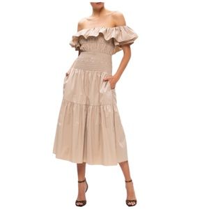 SELF-PORTRAIT Off Shoulder Cotton Poplin Midi Dress RETAIL 450